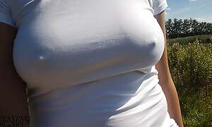Nice walk on skid row bereft of a bra, nipples shine through my white shirt (see through shirt) - boob walk