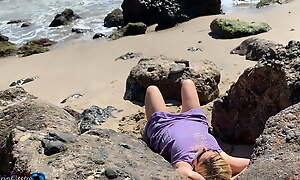 Voluptuous blonde sunbathing nude upstairs the beach fucks passer-by