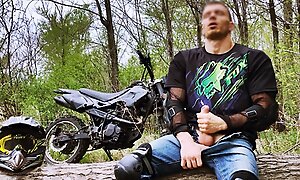 Luring BIKER while riding a MOTORCYCLE in rub-down the forest JERKS OFF coupled with CUMS in public