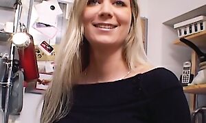 Renowned German MILF with illustrious boobs dildoing her shaved screw up in the pantry