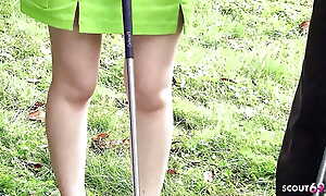 Teacher and stand-in Guys talk Japanese Teen to Blowbang elbow Golf Lesson