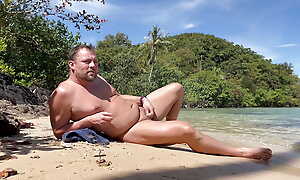 Damian jerking off at a tropical palm beach