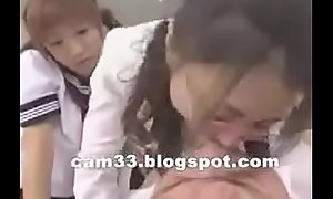 Sexy japanese instructor kissing and spitting