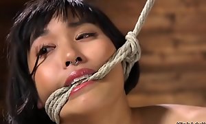 Hogtied hairy Asian gets tormented