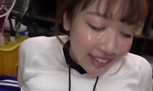 Sporty Japanese girl gets her whole complexion masked in creamy cum