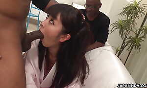 Japanese Marica Hase fucks three beamy coal-black cocks, uncensored.