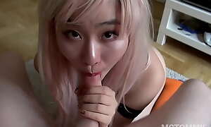 Perfect asian teen in a fist cosplay wig makes a homemade amateur sex-tape and gets a facial
