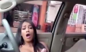 Hot latina tranny clog up b mismanage wanking around car! Public cumshot.